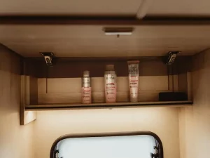 Expedition Motorhome from 365 Camper Hire Bathroom storage